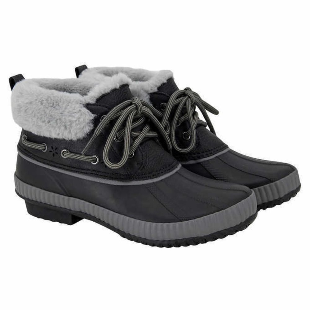 JSport Women's Mary Black Faux Fur‎ Trim Waterproof Duck Boots